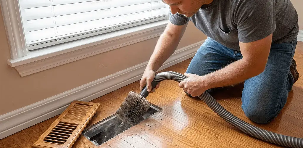 Air duct cleaning technician vacuuming a floor vent and duct opening in Provo, UT