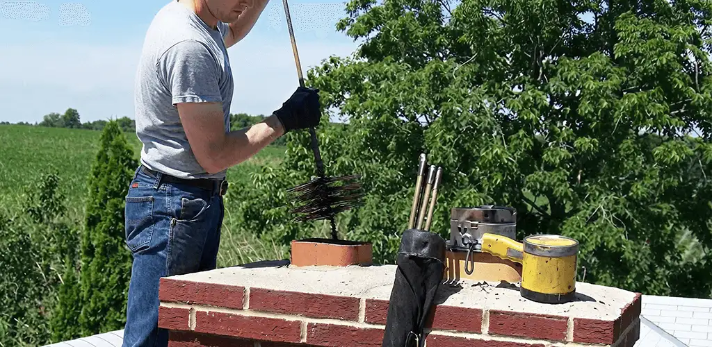 Chimney cleaning technician working on a rooftop chimney with professional tools in Provo, UT