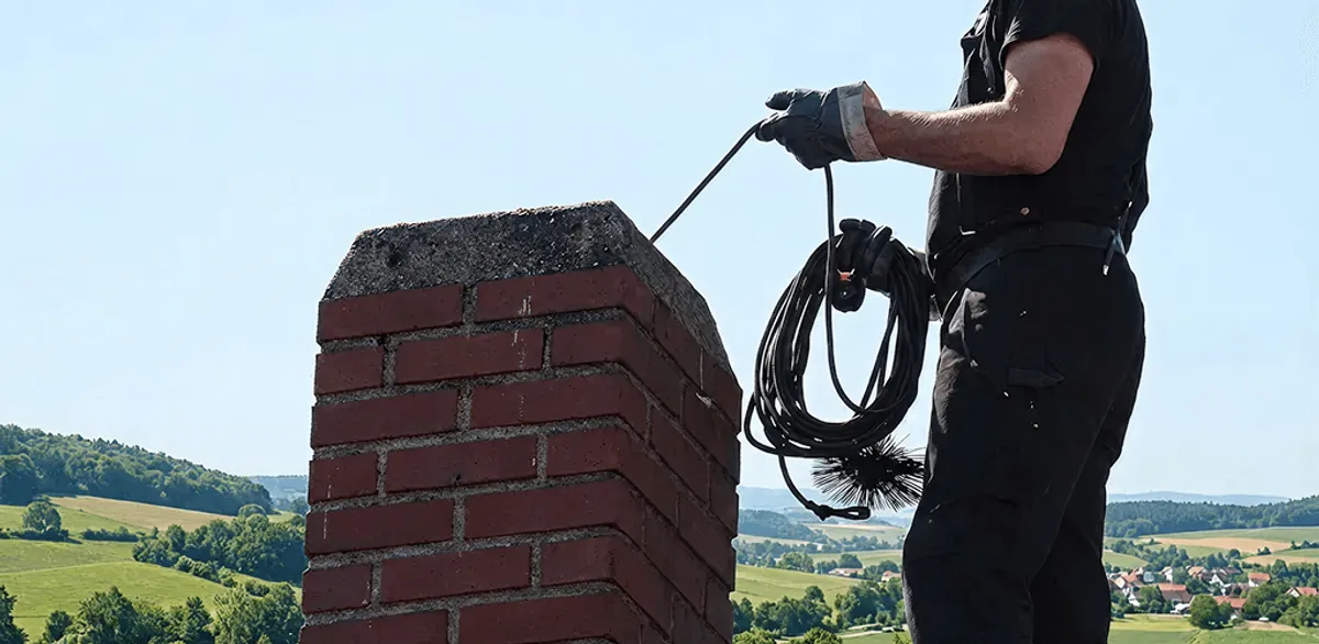 Chimney sweep inspecting and cleaning a rooftop chimney in Provo, UT