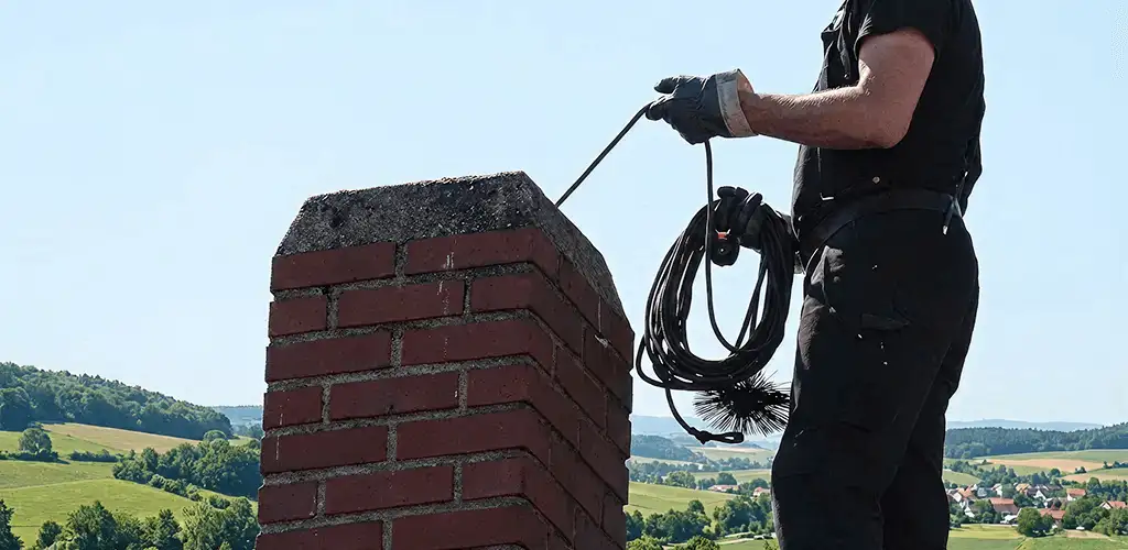 Chimney sweep inspecting and cleaning a rooftop chimney in Provo, UT