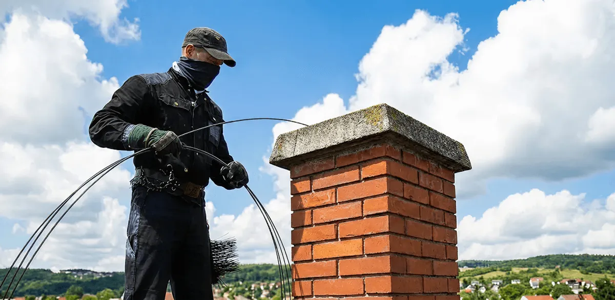 Chimney sweep cleaning a brick chimney with professional tools in Provo, UT