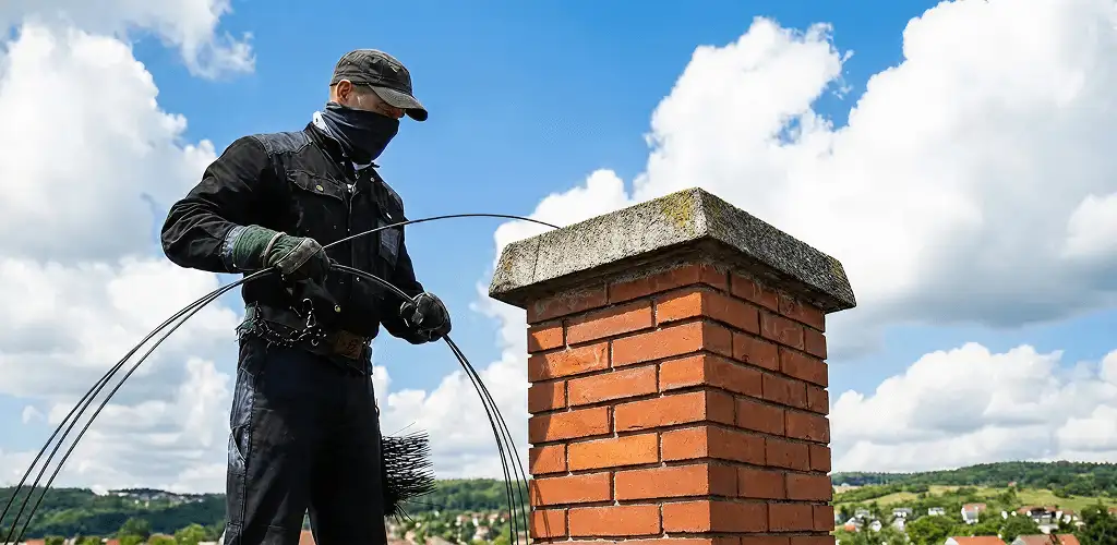 Chimney sweep cleaning a brick chimney with professional tools in Provo, UT