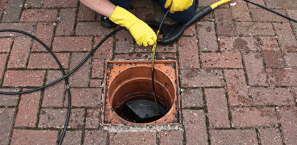 Drain cleaning technician using a drain snake to clear a clogged drain in Provo, UT