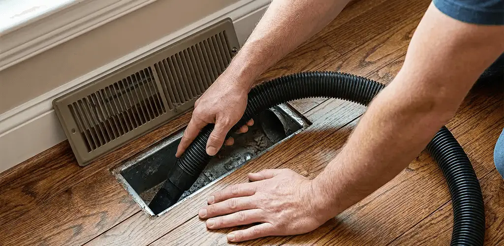 Air duct cleaning technician vacuuming a floor register and duct opening in Provo, UT