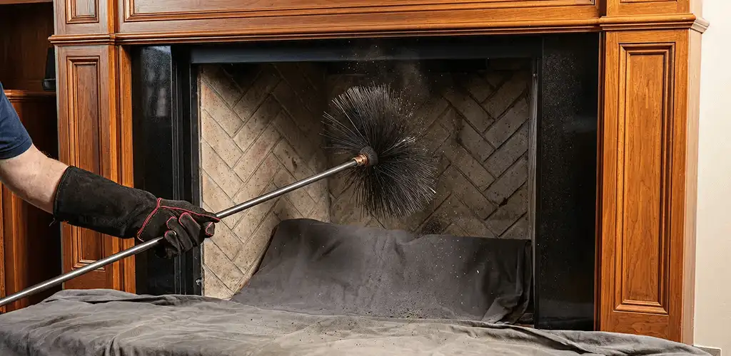 Chimney cleaning service brushing soot from a fireplace and flue in Provo, UT