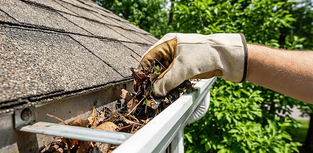 Gutter cleaning removing leaves and debris from roof gutters in Provo, UT