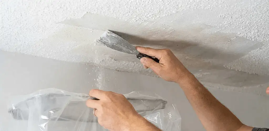 Popcorn ceiling removal technician scraping texture from a ceiling in Provo, UT