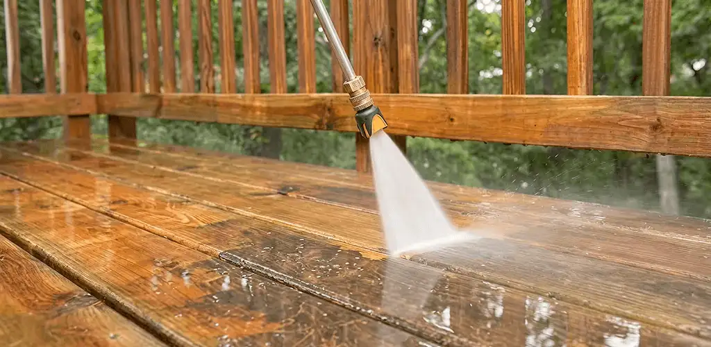 Pressure washing a wood deck to remove dirt and buildup in Provo, UT