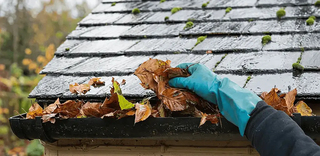 Gutter cleaning technician clearing wet leaves from roof gutters in Provo, UT