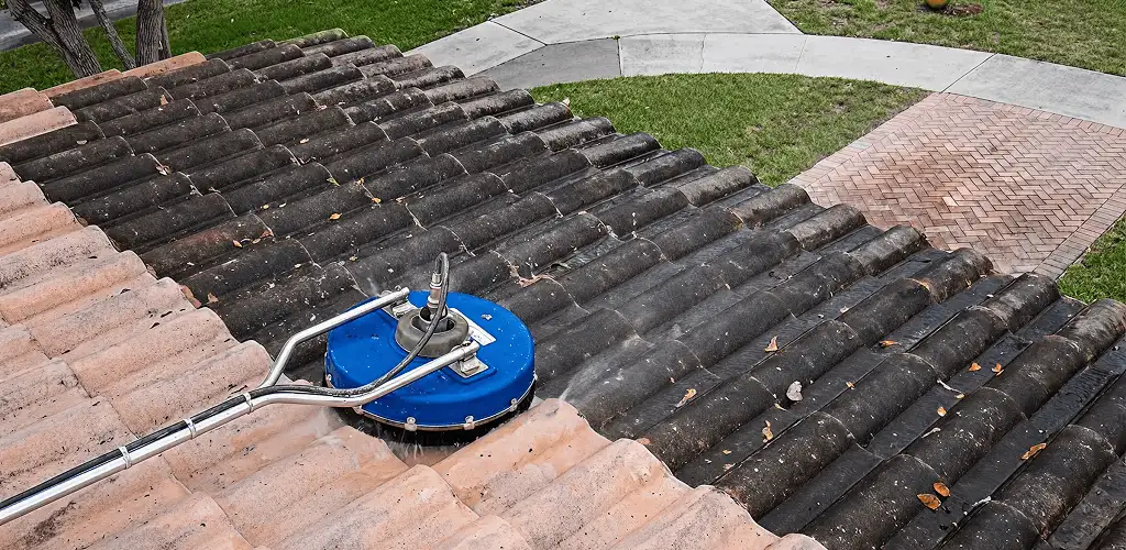 Roof pressure cleaning removing debris and buildup from roof tiles in Provo, UT