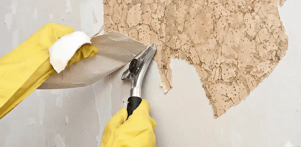 Wallpaper removal service stripping old wallpaper from a wall in Provo, UT