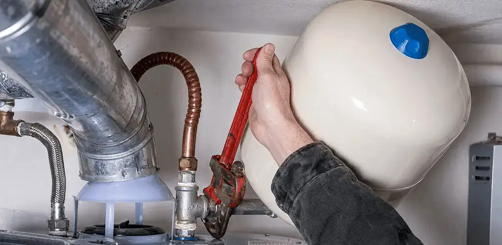 Water heater repair technician tightening plumbing connections near a tank unit in Provo, UT